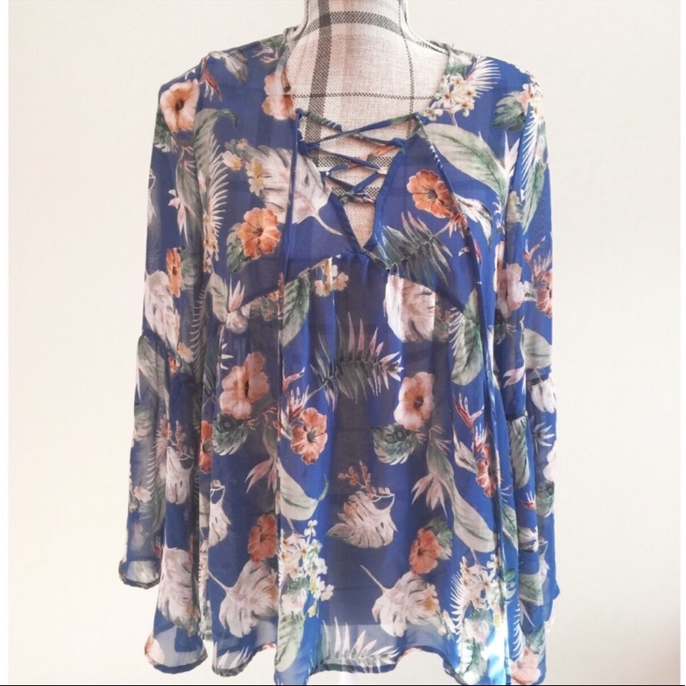Boho lace up floral top blouse with fluted sleeves